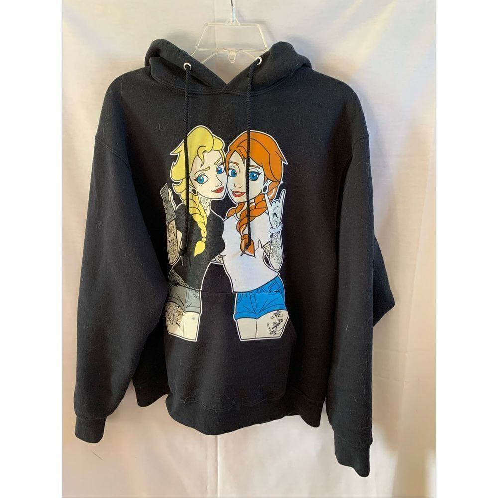 Disney Frozen Elsa Anna Graphic Hoodie Black Pullover Sweatshirt
